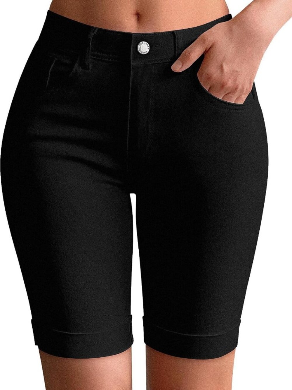 Mid Rise Roll Cuff Bermuda Denim Jean Shorts for Women - Stretchy & Comfortable